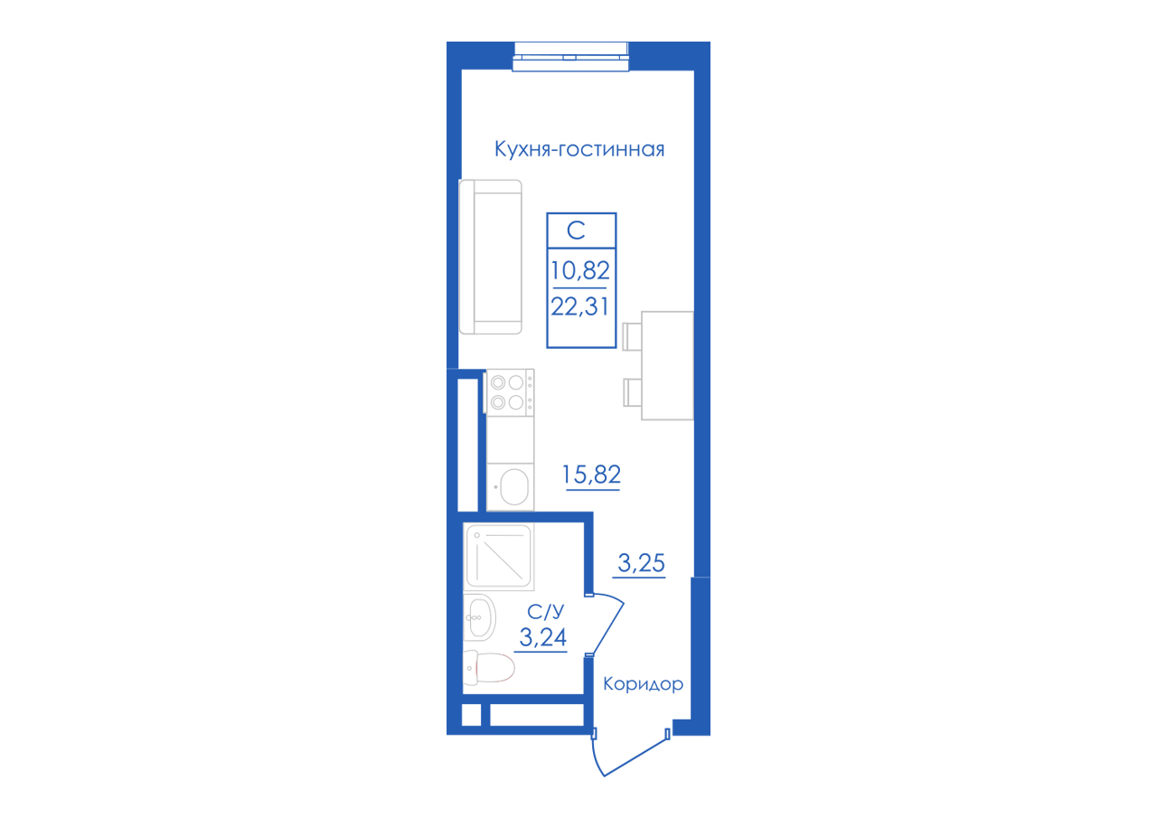 Планировки квартир 13ый дом 1ый этаж Студия 22.31 м² — изображение 1